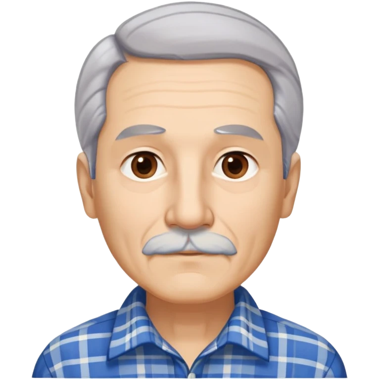 Senior Hispanic man with light complexion. Elongated face with wise expression. Relaxed brown eyes with gentle gaze. Thin eyebrows. White mustache connected to chin beard. Gray-white straight hair swept back. Wearing a beige and blue plaid long-sleeved shirt. emoji