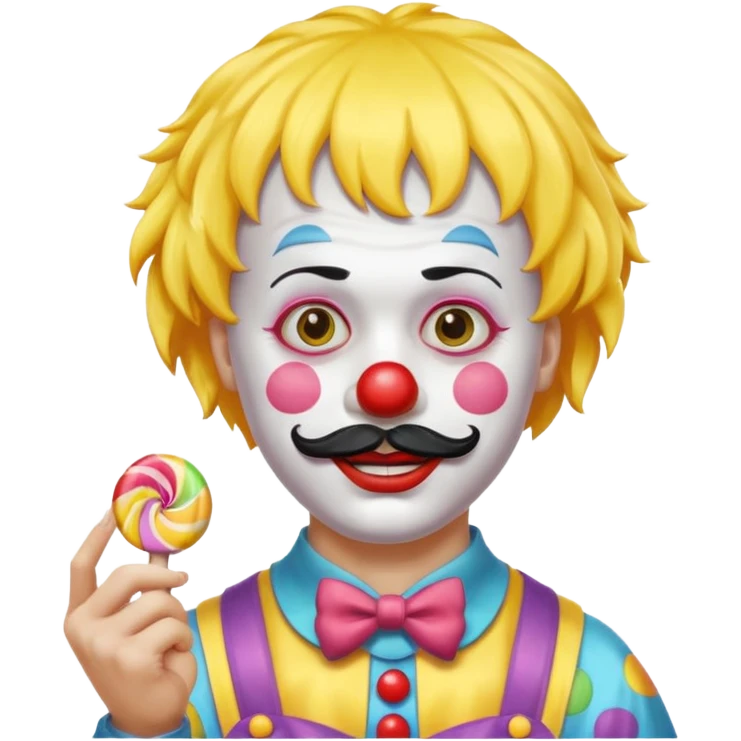 Funny clown — yellow wig, mustache, candy in hand emoji