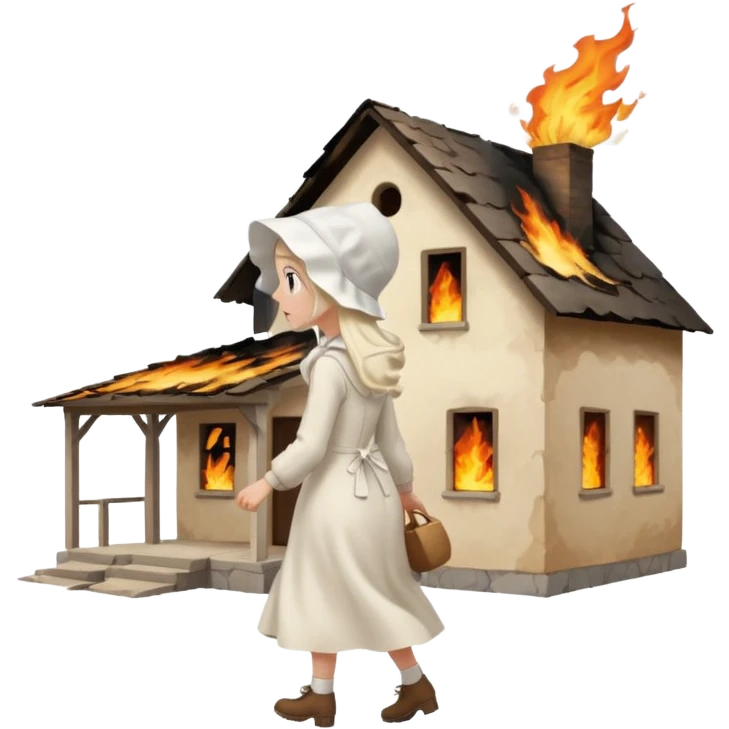handmaids tale style woman burning house down walking away from house. shes wearing the nun hands maid tale hat cant see her face emoji