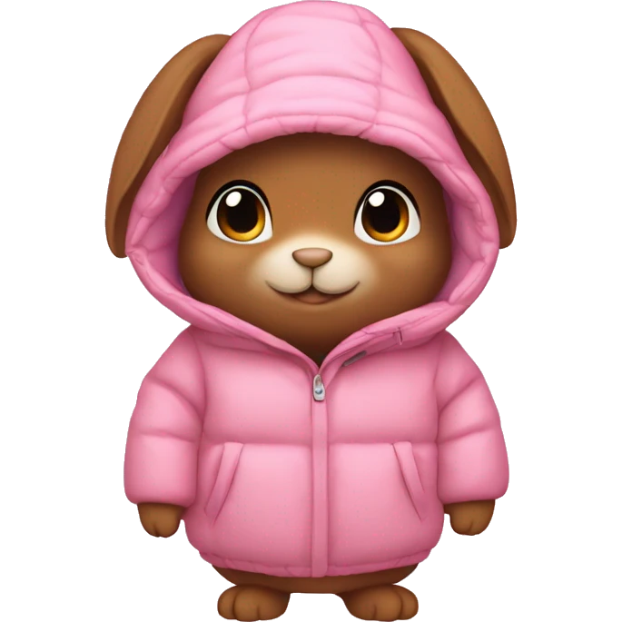 brown bunny in an oversized pink puffer coat emoji