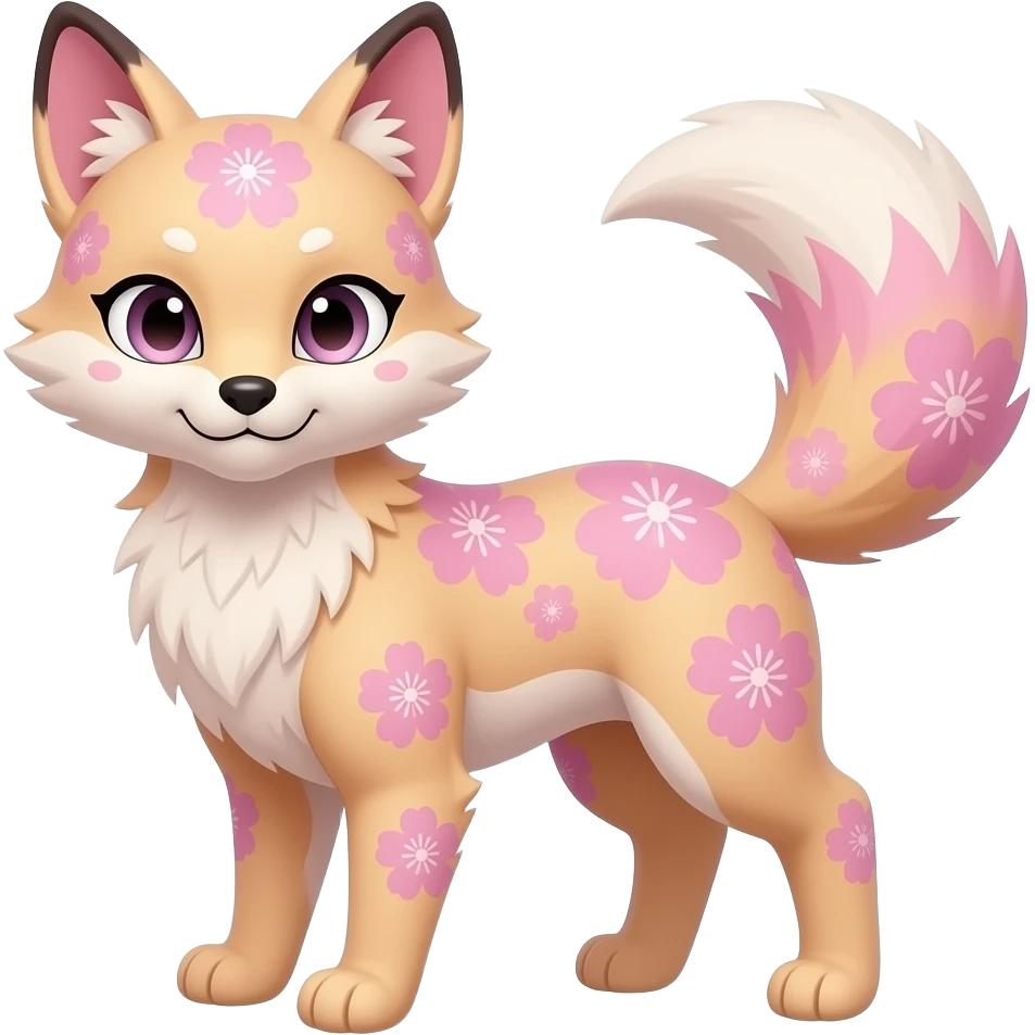Realistic pretty elegant sophisticated soft beautiful Anthropomorphic digitigrade Pastel beige and pastel Sakura-pink fox furry-Falvie-Fionbri-fursona with floral swirly markings and white spot markings, 2 legs, modern, sophisticated emoji
