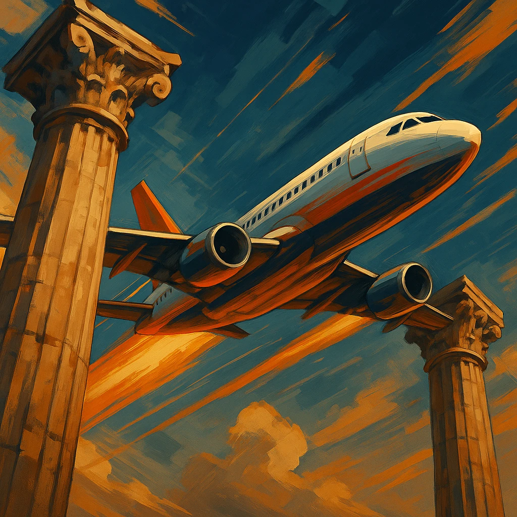 a stylized airplane speeding between two ancient stone columns, dynamic angle emoji