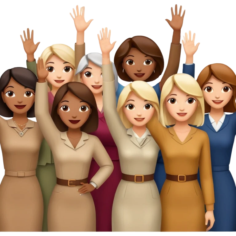 group of happy women, stylishly dressed, raising their hands emoji