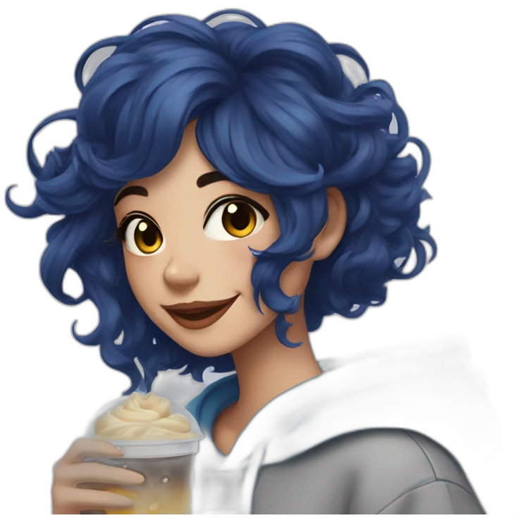 beautiful girl with midnight blue hair, bright smile, comfy hoodie, drinking boba emoji