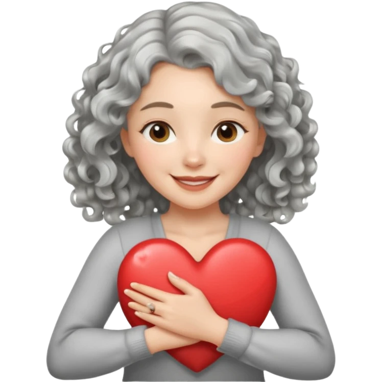 Silver hair, wavy/curly hair chin-length lady giving hug with 2 arms,  v-neck and smiling, add a heart emoji