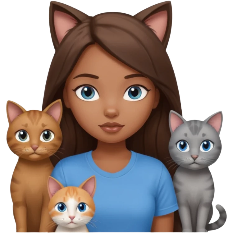 a pretty bratz dusky girl with long brown hair, blue eyes with six cats nd wearing a grey tshirt emoji