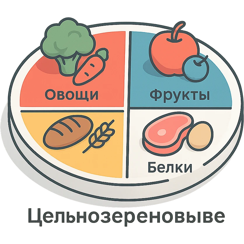 Harvard Healthy Eating Plate divided into 4 sectors labeled in Russian: 'Овощи', 'Фрукты', 'Цельнозерновые', 'Белки', bright but soft colors, clean lines, modern infographic, transparent background emoji