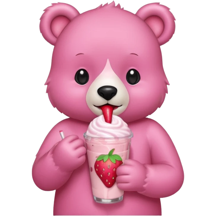 A pink bear is holding a strawberry and drinking a strawberry milkshake 
transparent background 
the style should be a teenager's hand-drawn, 2D, 2020s Japanese character-like emoji
