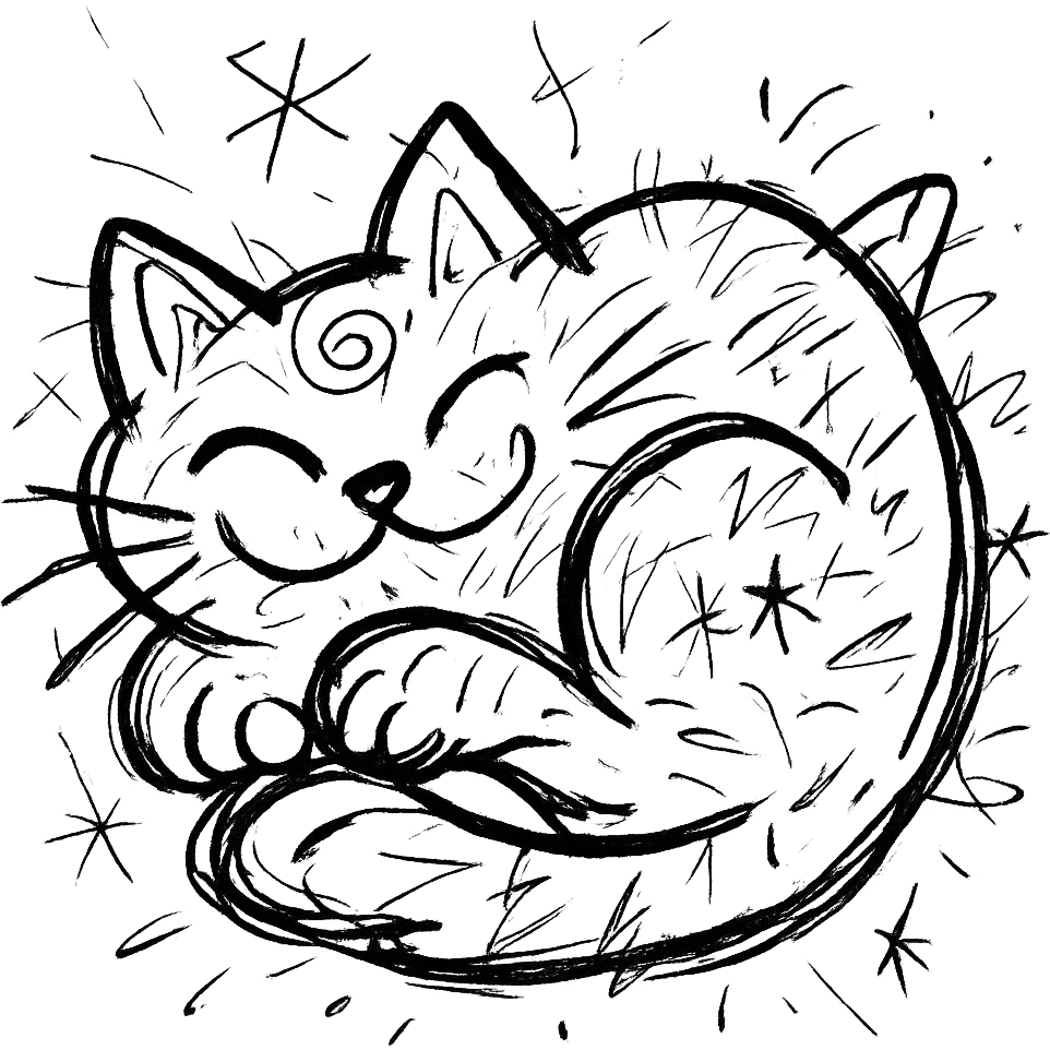 chaotic outlined icon of a cute cat curled up and purring, with exaggerated, whimsical features emoji
