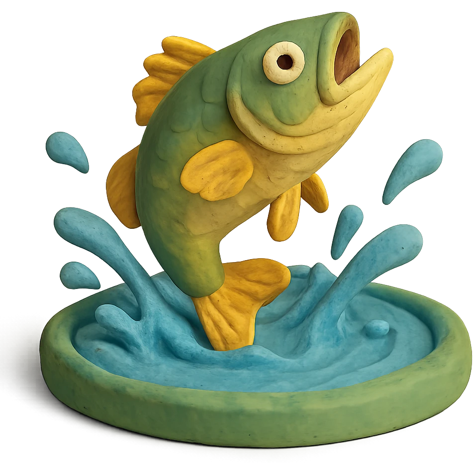 bass jumping out of a pond with water splashes, playful and colorful, claymation style emoji