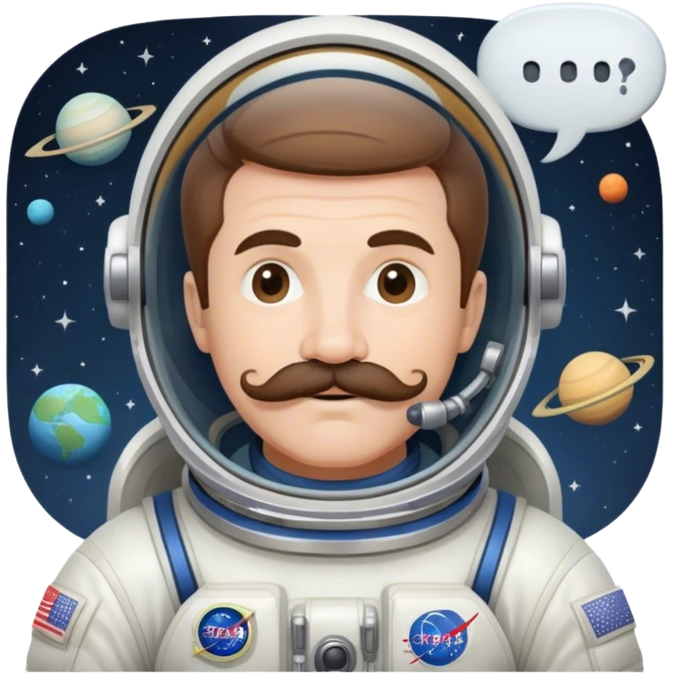 Boomer wearing a classic spacesuit with a bold mustache. Add a small speech bubble that says, “Hello from orbit!”

 emoji