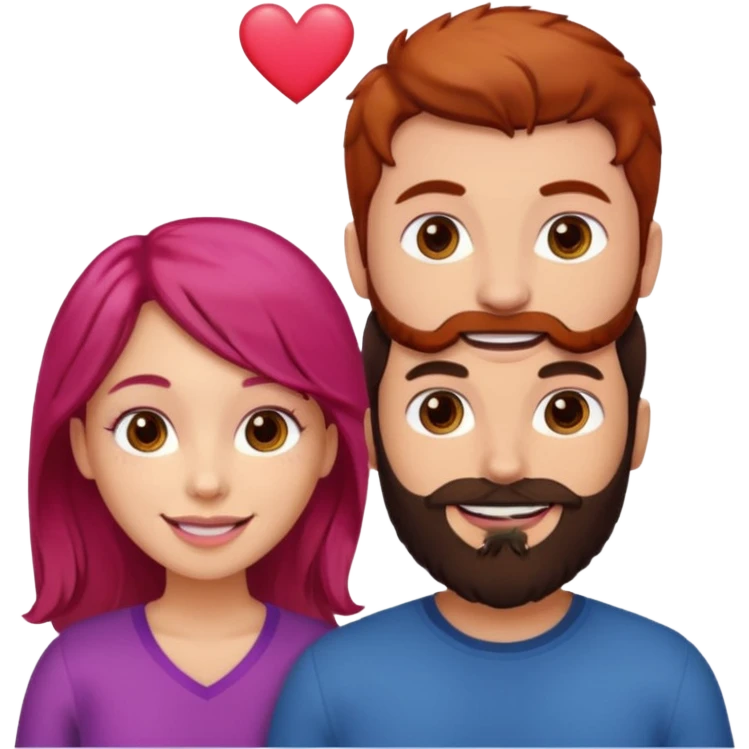 👩🏼‍❤️‍👨🏽 Something like this, but make the guy more lighter and give the girl a bit more red hair like ginger style make the guy have dark brown hair, same with the beard and add her in the middle top don’t forget the pink heart in the middle above us emoji