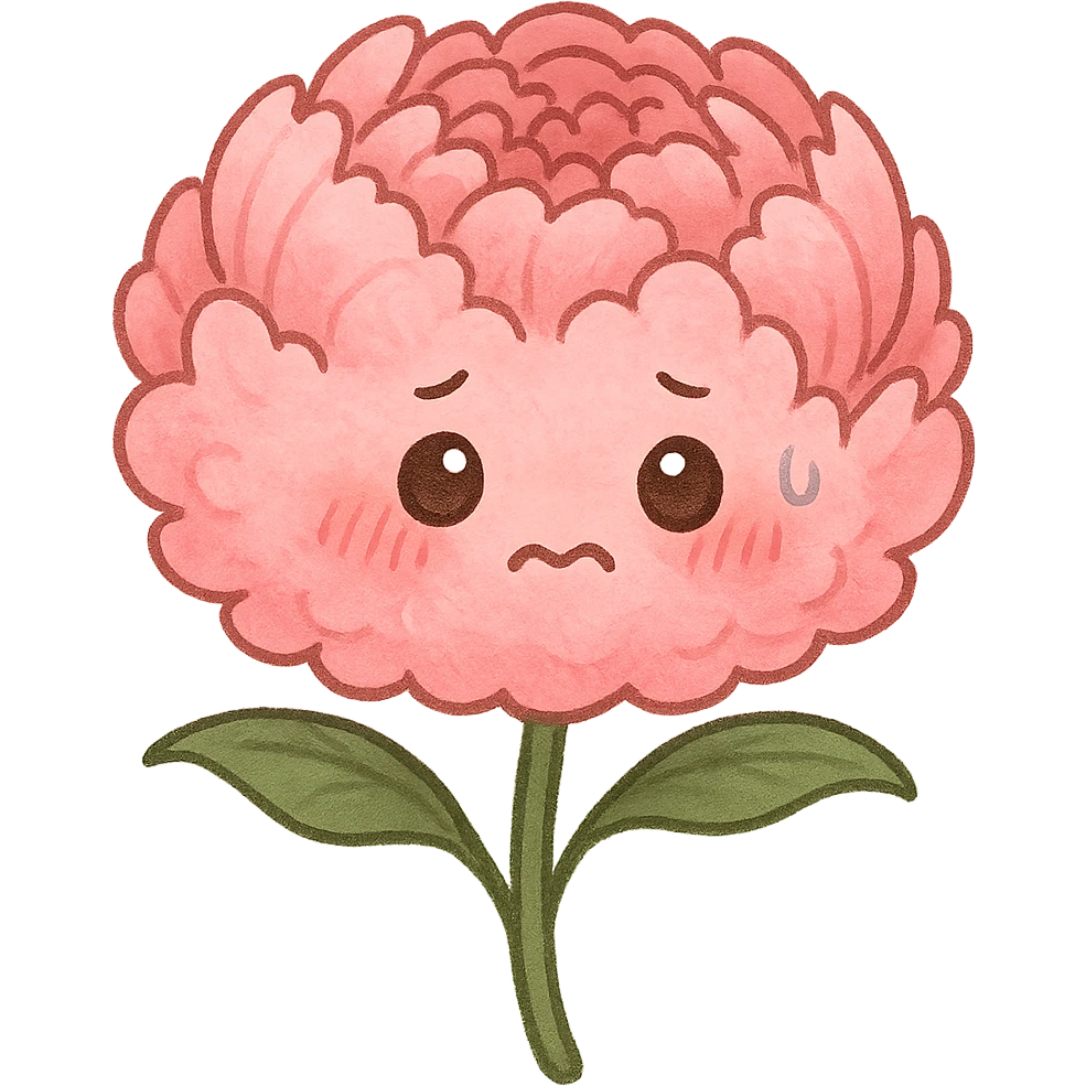 chibi fluffy pink peony flower with a round body, blushing cheeks, nervous expression, full-body emoji
