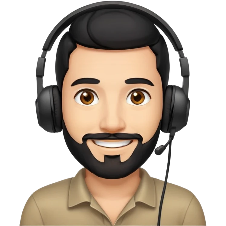 Happy smiling man with black hair, brown eyes, black beard wearing a gaming headset emoji