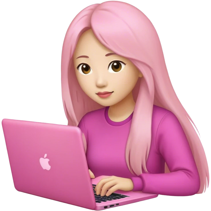 Long hair asian woman working on pink laptop emoji