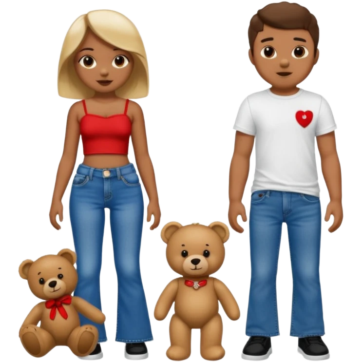 A boy and a girl teddy bear for the boy bear put on true religion shirt and jeans with black shoes and for the girl put flare jeans and a red tube top and white shoes emoji