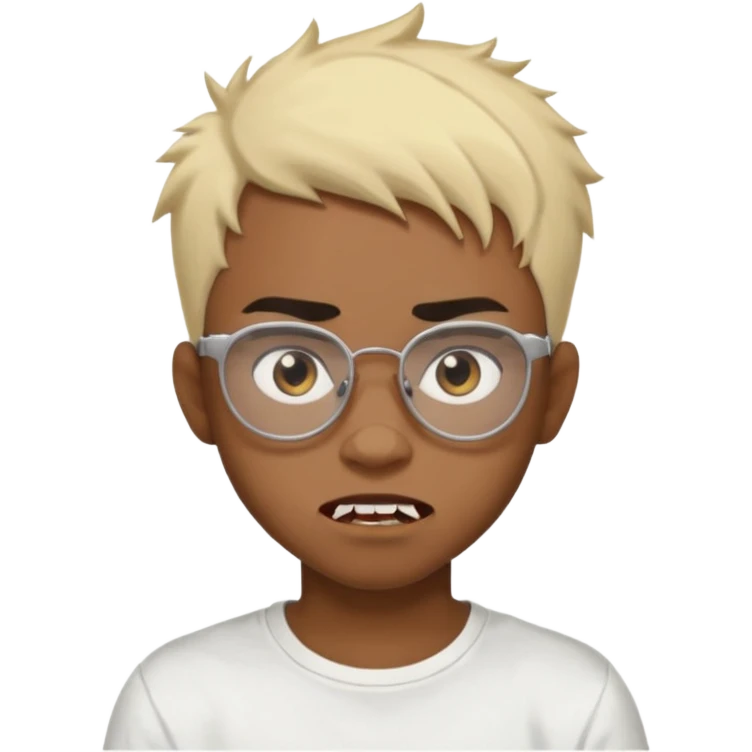 Black Male Teenager with Short punk messy blonde hair, Dark brown bushy eyebrows large expressive golden-brown eyes, wearing a plain white t-shirt, wearing glasses, Dark Brown skin color. vampire tooth emoji