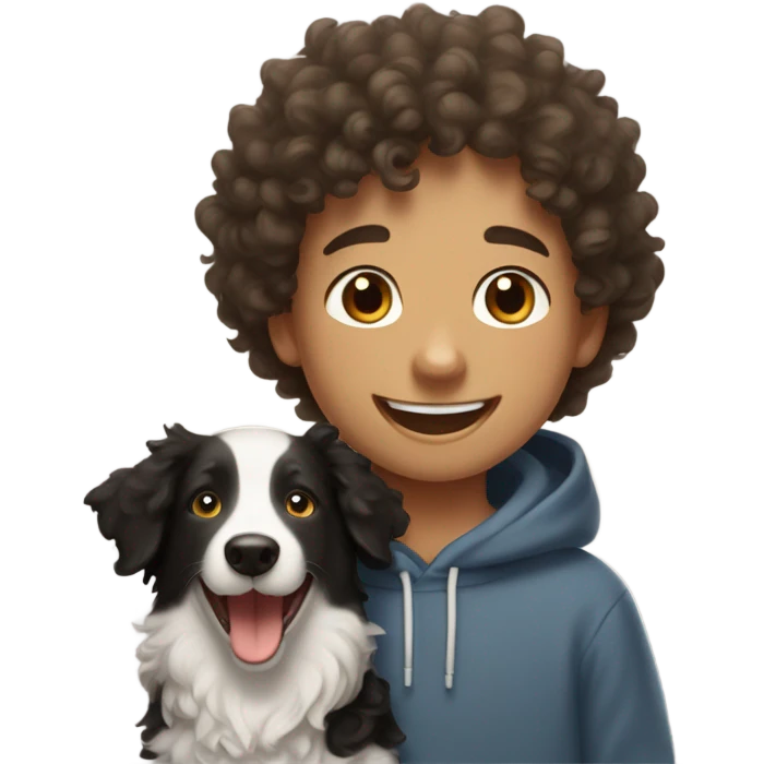A happy curly-haired boy in a sweatshirt holds a border collie emoji
