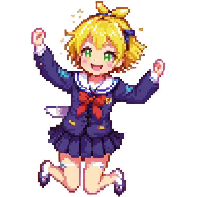 Pixel art anime girl with short bright yellow hair wearing Japanese sailor style school uniform, jumping excitedly with arms raised high, big smile and sparkling happy eyes emoji