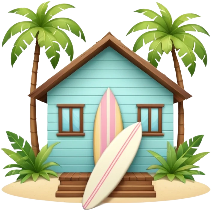 Hawaiian bungalow house, pastel colors, wooden porch, surfboard leaning on wall, palm leaves, tropical vibe, cute mobile game icon style, 3D cartoon, clean background, no text
 emoji