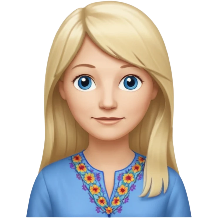 50 yr old white woman, hippie part bangs, very long straight blond hair, oval face, small smile, blue eyes, thin face, hair downback, hair parted at center of head, round cheeks, pale, longer hair, dress shirt emoji