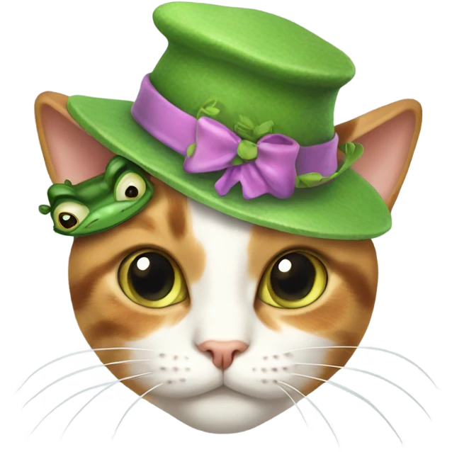 calico cat with a frog hat emoji