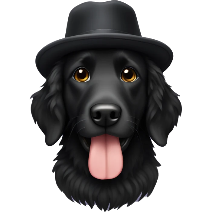 Fluffy all-black retriever with hat emoji