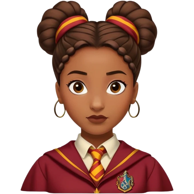 Tiana Benjamin is Angelina Johnson in harry potter, wear hogwarts gryfindor uniform,  thick, brown knot bun hair , reflecting her bold, stylish, and strong personality emoji