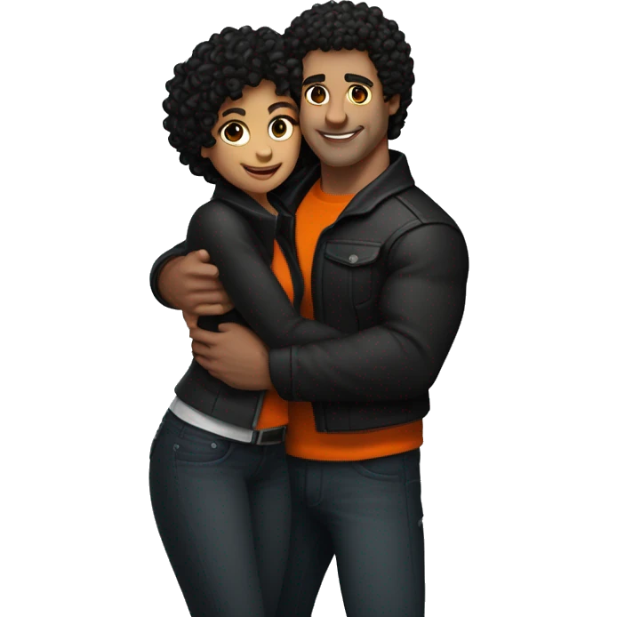 He is a muscular, well-shaped man, his hair is zero on the sides but curly on top, he is a little brunette, and he is wearing a black jacket. and the woman with light black hair and orange tips hugging him. emoji