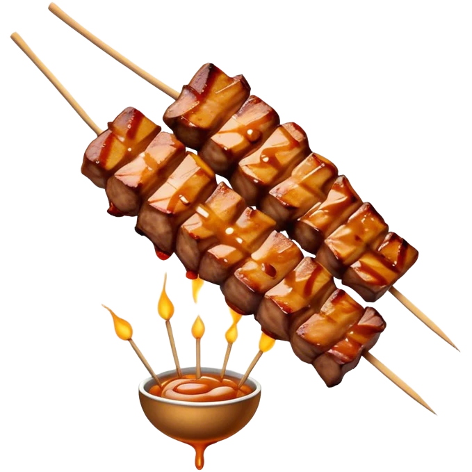 Cinematic Realistic Satay Dish Emoji, depicted as skewered, marinated meat grilled to perfection rendered with rich, smoky textures and dynamic, appetizing lighting. emoji