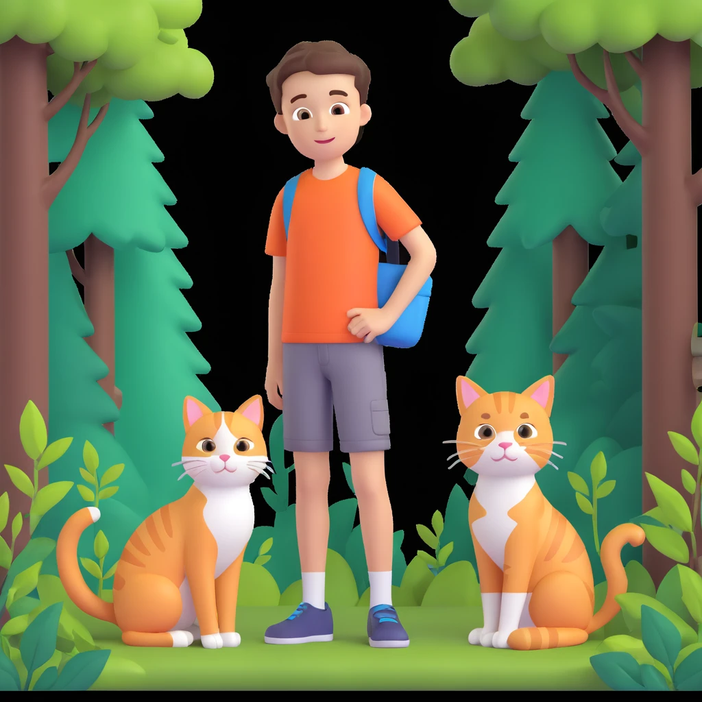 boy and cat pet in forrest background, close up pose emoji