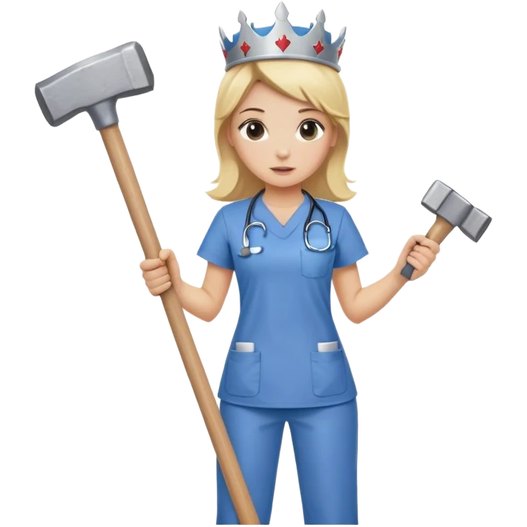 blond nurse girl wearing scrubs with a crown and a sledge hammer emoji