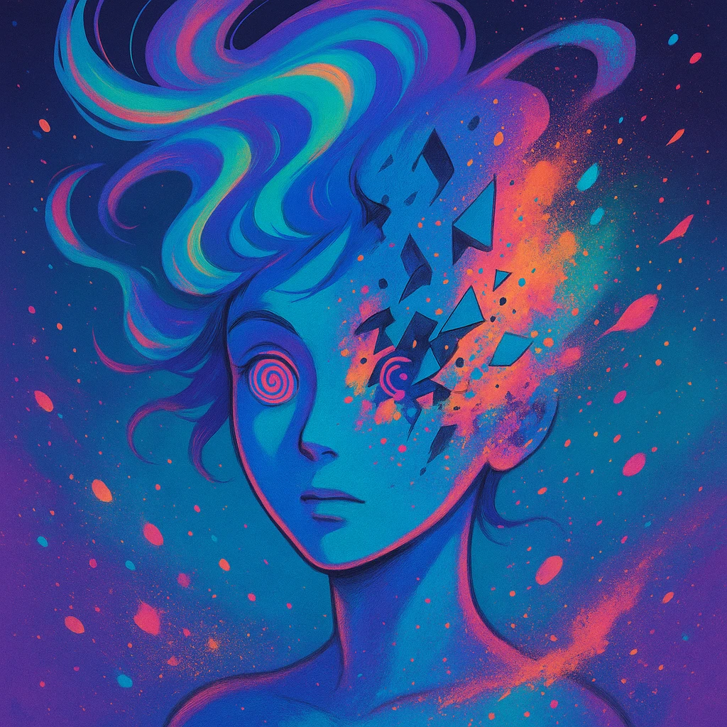 surreal portrait, neon skin, dissolving face with airbrush color explosion, hair as liquid color swirls like aurora, spiral eyes, geometric shapes breaking through face, paint spray effect, acid purple, turquoise, electric pink, smooth blending, dynamic movement emoji