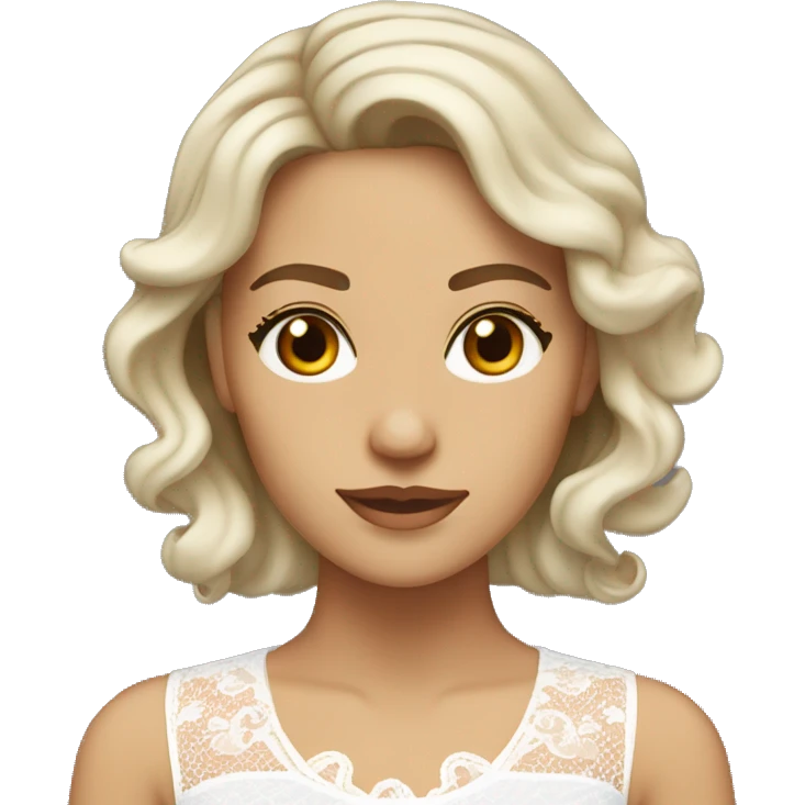 Adult woman with brown eyes, light tanned skin, long wavy dark brown hair, wearing a white lace dress with round collar. emoji