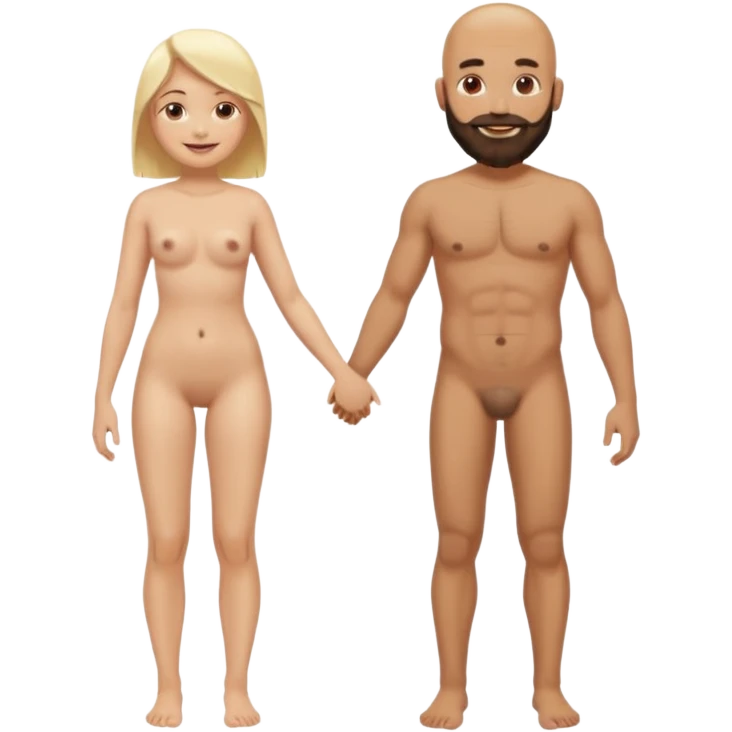 Fully Naked Indian bald man with a beard holding hands with naked blonde fit woman emoji