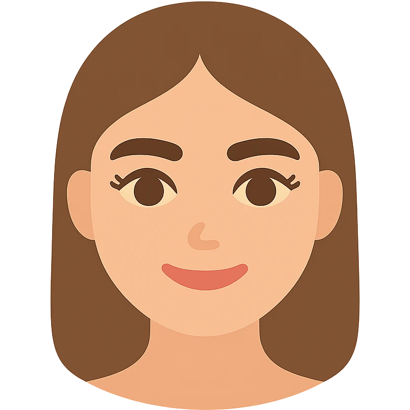 pretty girl with thick eyebrows, straight brown hair and brown eyes, curled eyelashes, color icon emoji