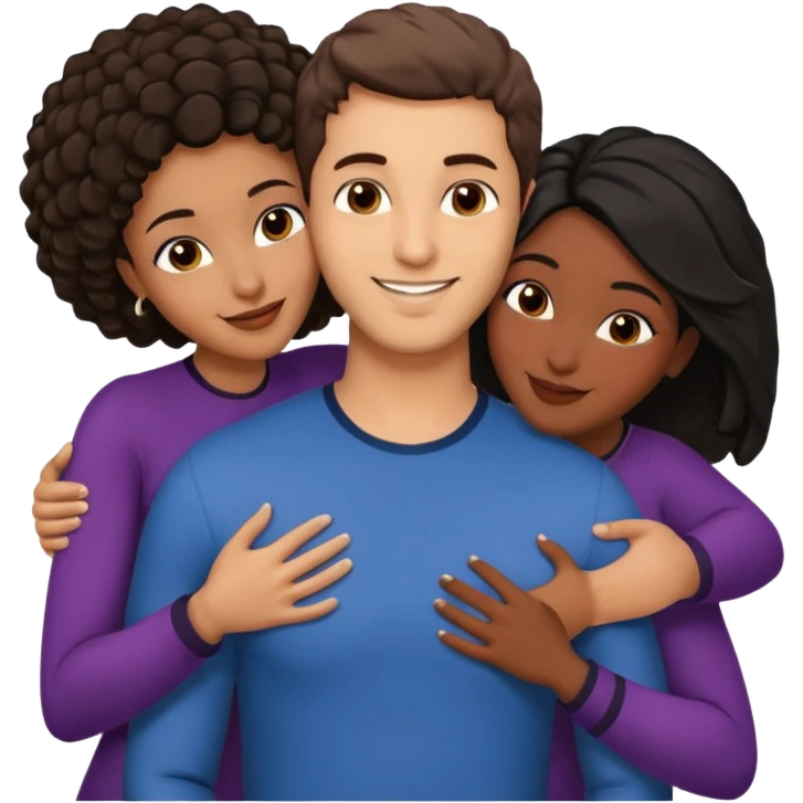  middle Eastern man with short brown hairwith two black african women both are African one is medium tone skin black and one is medium tone black with african hair styles. and they are all smiling and putting their arms around each other and kissing and hugging. emoji