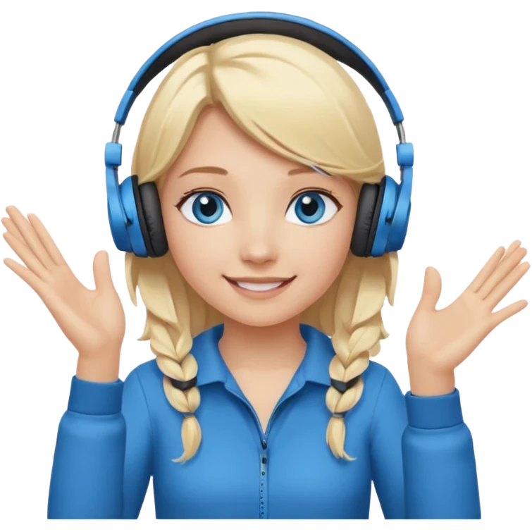 girl with blonde hair and blue eys, having on ears heaphones, with heands telling what  emoji