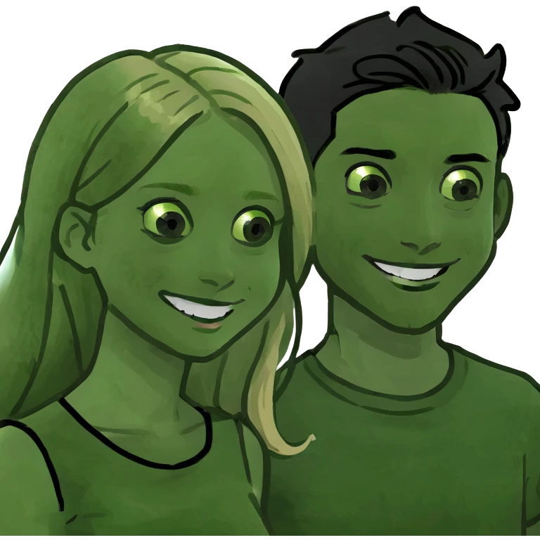 Smiling couple of blonde girl with long hair green eyes and boy with short black hair and green eyes emoji