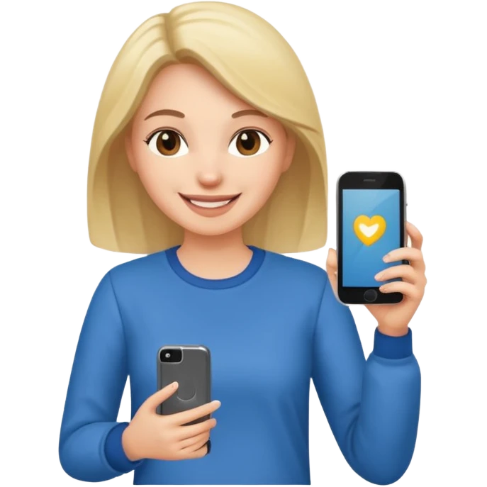 woman casual clothes holding one phone in one hand emoji