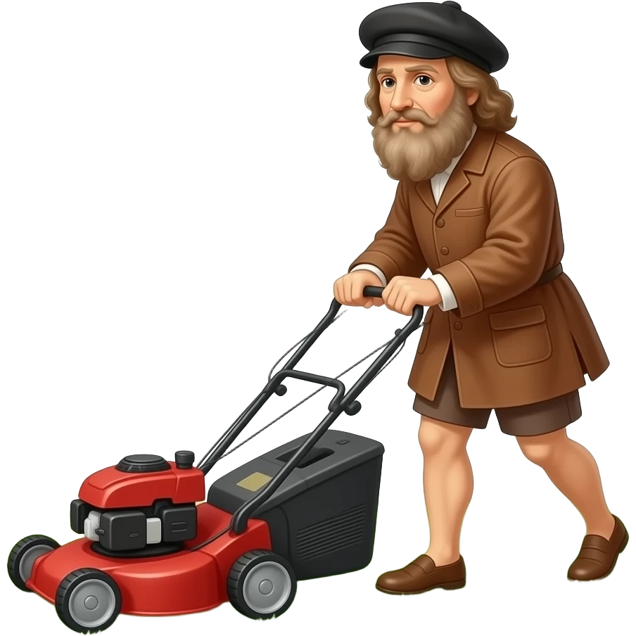 Leonardo da Vinci mowing the lawn with a lawn mower emoji