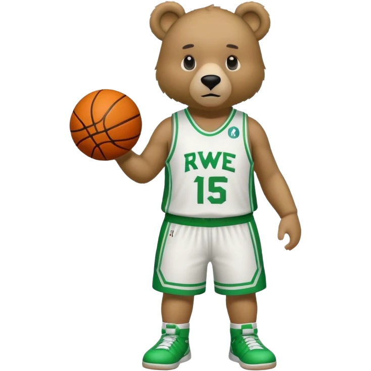 Bear with full body and wearing basketball green and white  jersey that says RWE  emoji