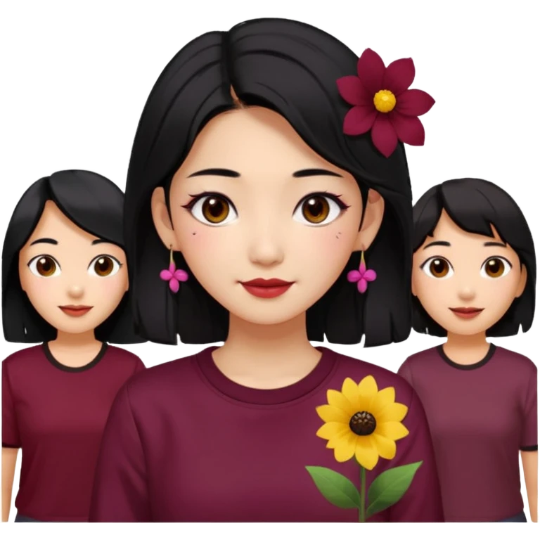 A Korean woman with messy and stylish black hair, a flower in her ear and an iconic Y2K shirt maroon and brown hazel eyes, makeup sweetie,A Style Vibe in the Crowd emoji