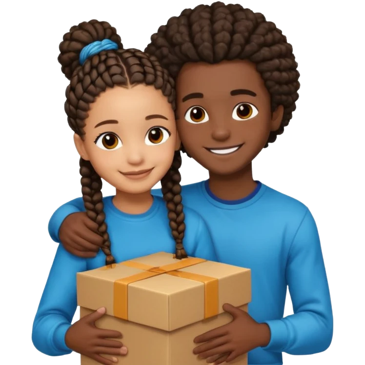 A lightskin with afro boy and dark skin girl with box braids hug emoji