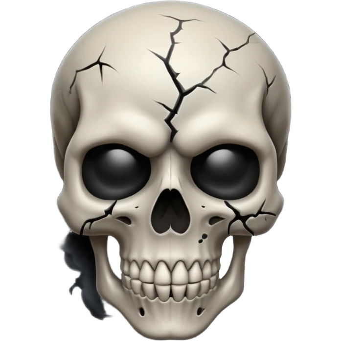 iOS style emoji, dark fantasy skull, cracks, black smoke from eyes, soft light, stylized emoji