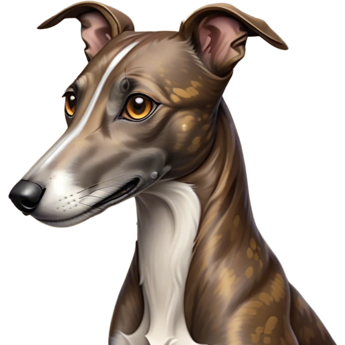 Cinematic Noble Brindle Greyhound Portrait Emoji, Poised and regal, with a slender, aerodynamic build and a refined brindle Fur, deep-set soulful eyes, Simplified yet sharp and sophisticated features, highly detailed, glowing with a soft, dignified glow, high shine, intelligent and agile, stylized with an air of elegance, focused and attentive, soft glowing outline, capturing the essence of a watchful and graceful racer, so majestic it feels as though it could dash out of the screen with effortless authority! emoji