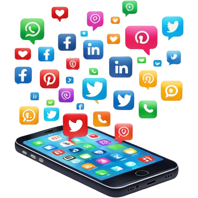 smartphone with social media icons popping out of the screen emoji