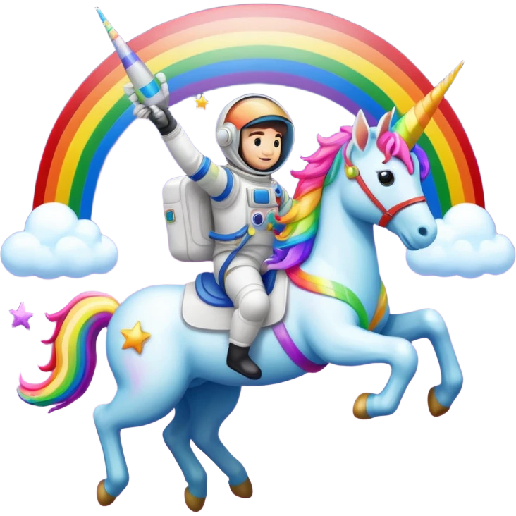 An astronaut riding a rainbow unicorn emoji