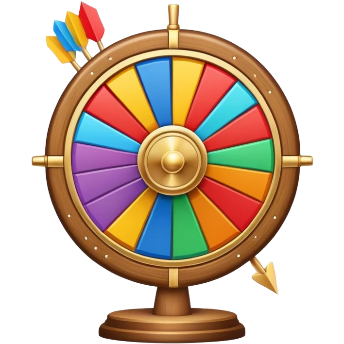 colorful fortune wheel with multiple sections and a spinner arrow emoji