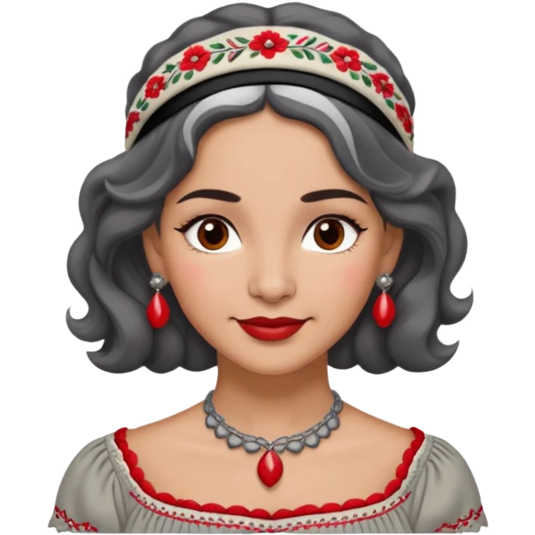 Latina woman, 50s, warm light brown skin, round soft face, wavy black and gray hair, red and white headband, medium eyes, thin eyebrows, gentle smile, gray peasant blouse, decorative embroidery, bare shoulders, large dark necklace emoji